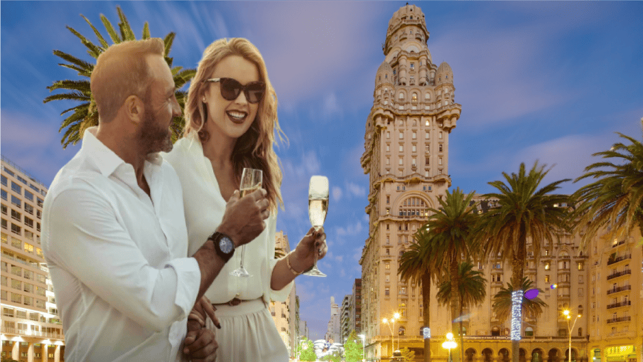 Sugar daddy y sugar baby toman una copa de champagne en Uruguay Montevideo