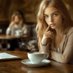 chica con dedo en los labios tomando café como pidiendo silencio.