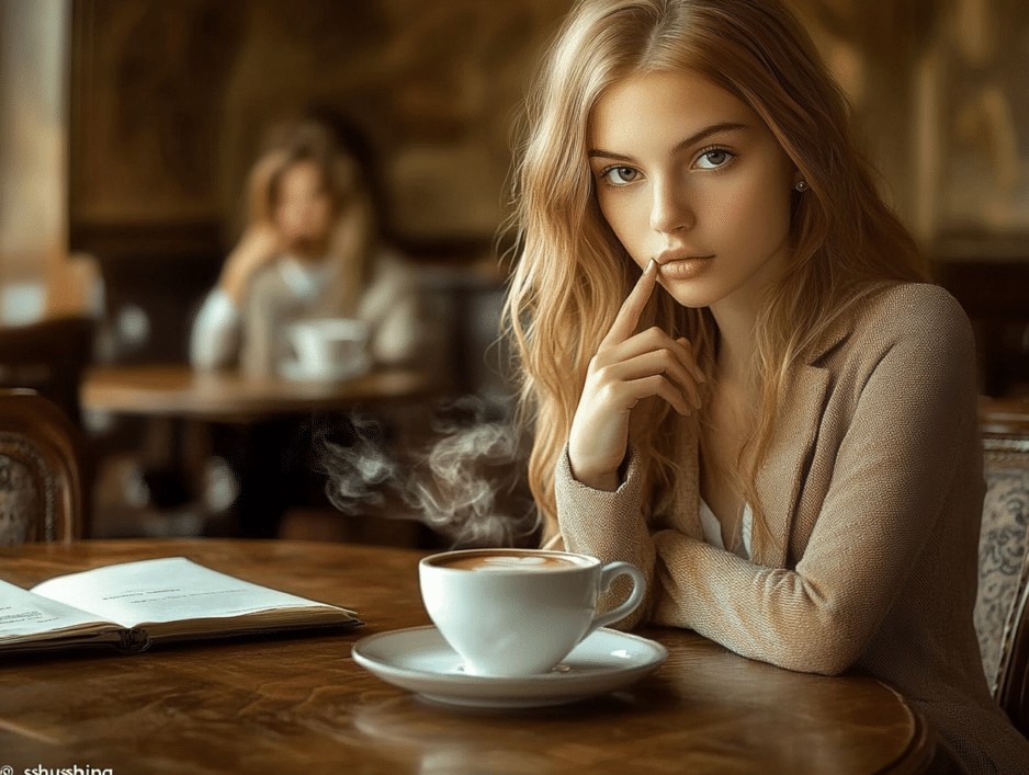 chica con dedo en los labios tomando café como pidiendo silencio.