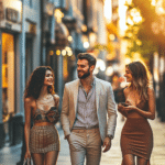 Hombre con dos mujeres jóvenes guapas riendo y paseando