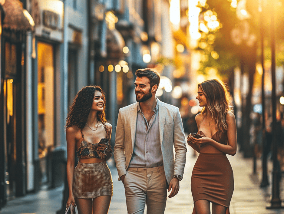 Hombre con dos mujeres jóvenes guapas riendo y paseando