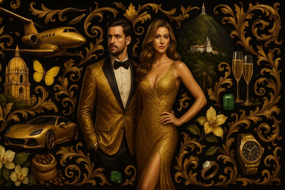 Background del Hero de la página SUgar Daddy Colombia con temática citas de lujo varias imágenes sobre colombia tono dorado, Imagenes de lujo como diamantes coches de lujo y aviones que evocan las relaciones de lujo y el sugar dating