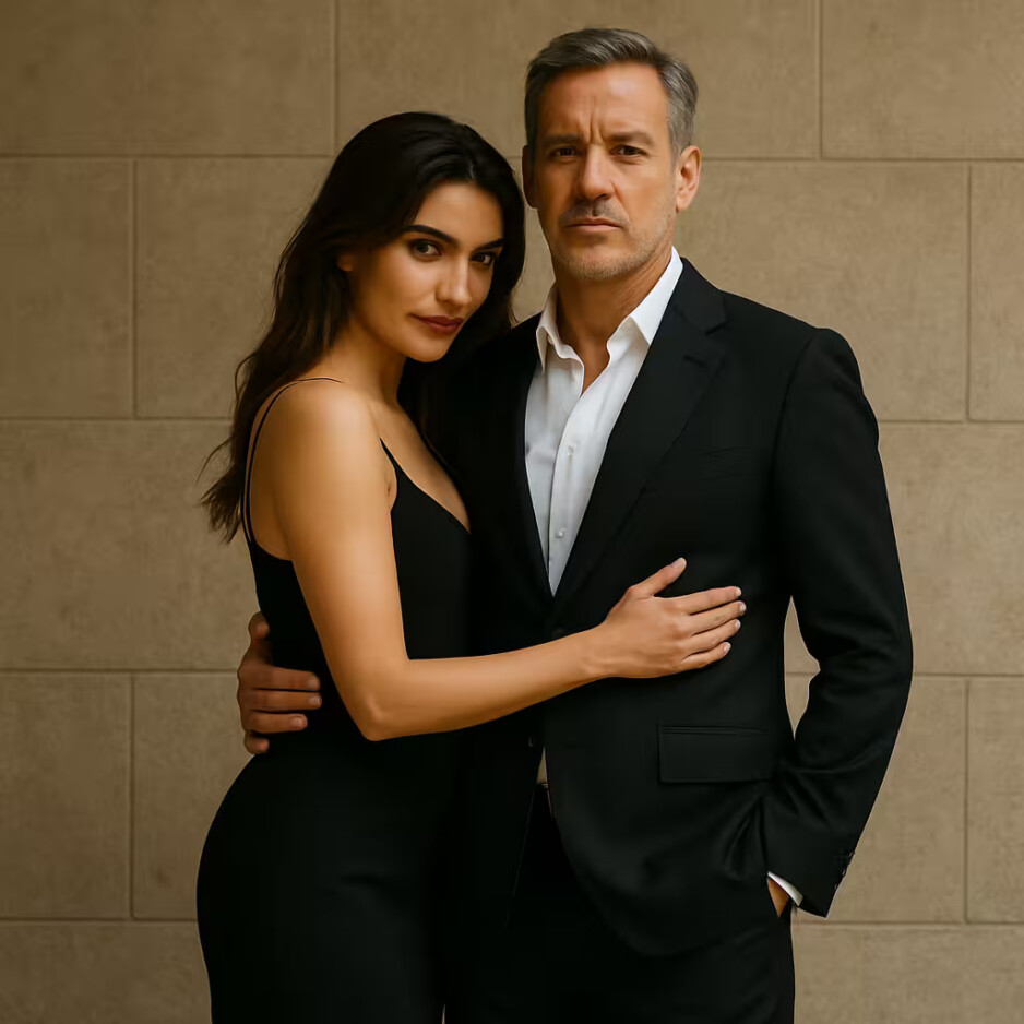 Mujer seductora abraza a hombre maduro