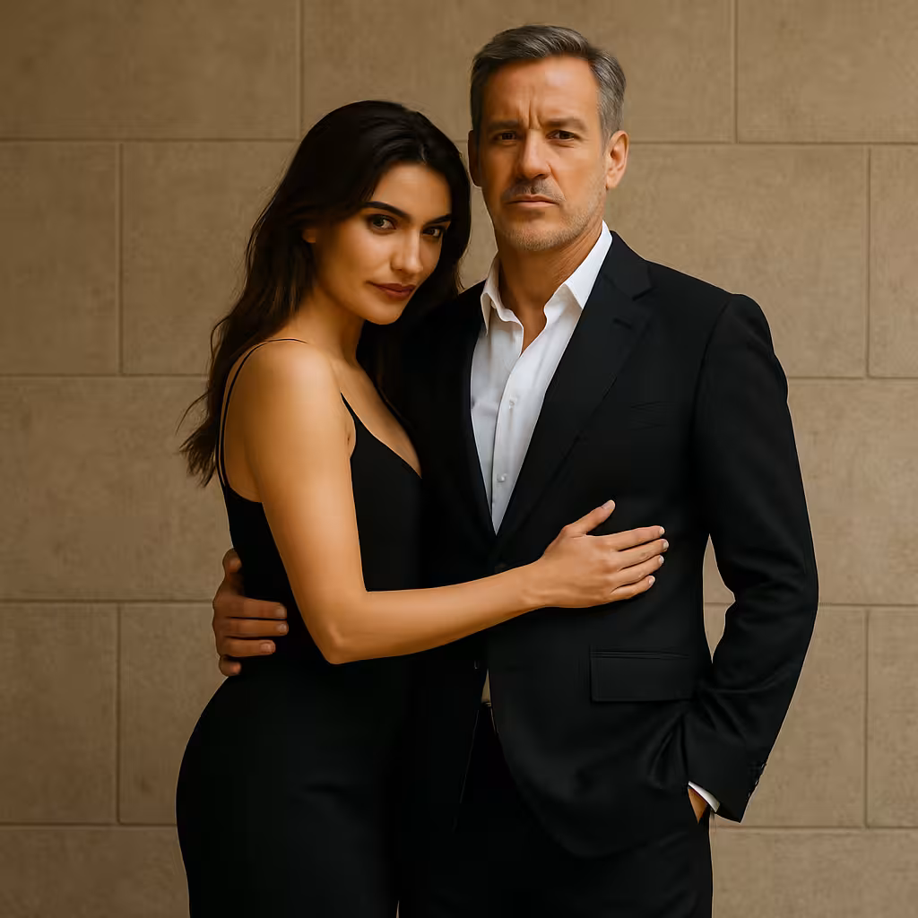 Mujer seductora abraza a hombre maduro