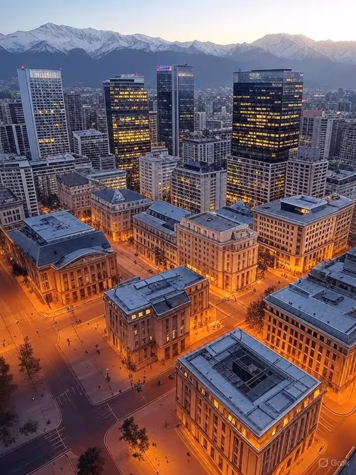 Aerial panoramic view of Santiago de Chile at golden hour sunset with snow-capped Andes mountains in
