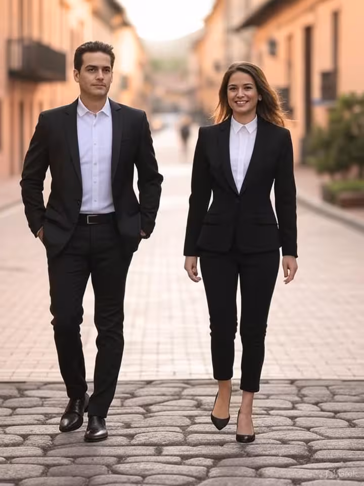 Elegant Colombian couple walking through cobblestone streets of La Candelaria neighborhood in Bogotá