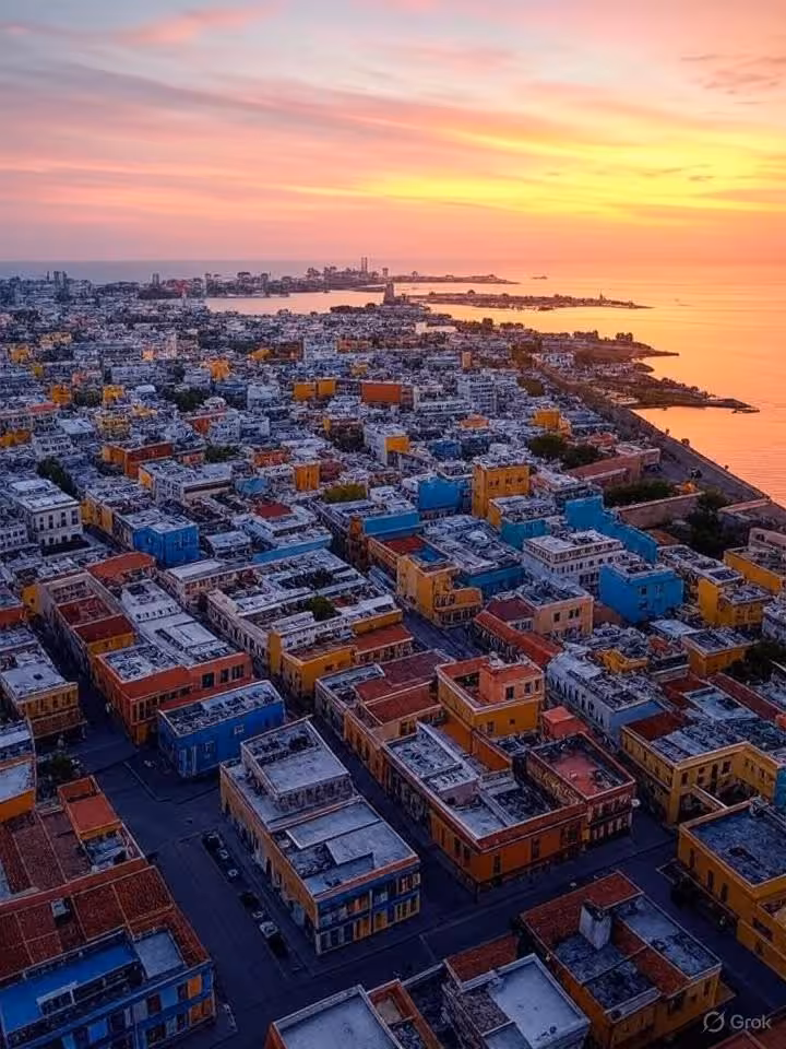 Vista aérea de la ciudad amurallada de Cartagena al atardecer con edificios coloridos y el mar Caribe