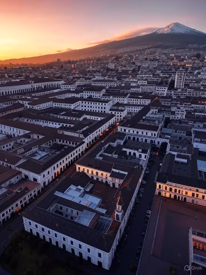 Aerial sunset view of Quito Ecuador historic center with colonial architecture, Pichincha volcano ba