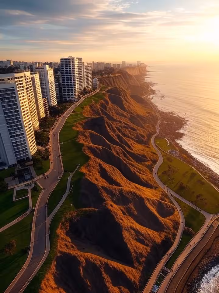 Aerial view of Miraflores district in Lima Peru with dramatic Pacific Ocean cliffs, modern buildings