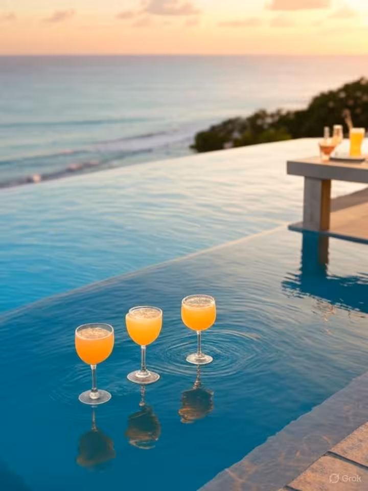 Luxury infinity pool overlooking turquoise Caribbean ocean at sunset, upscale resort terrace with pr