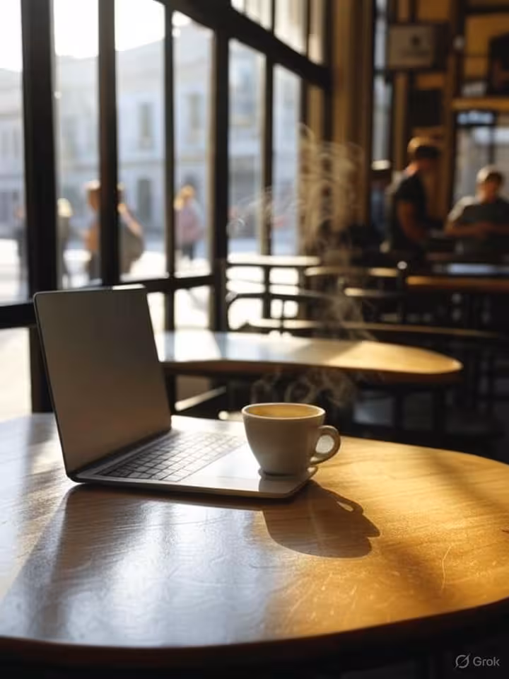 Elegant café scene in downtown Córdoba Argentina, modern laptop on wooden table, steaming coffee cup