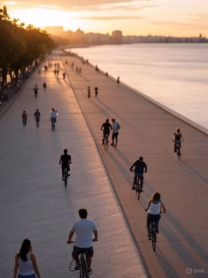 Aerial view of Montevideo Rambla coastal promenade at sunset, people walking and cycling, Rio de la