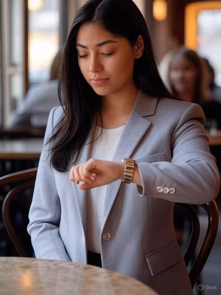 elegant young latin woman checking her watch anxiously in upscale cafe, warm afternoon lighting, sop