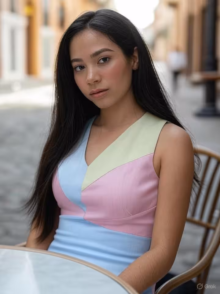 Elegant Latin American young woman in conservative dress having coffee at historic outdoor café in c