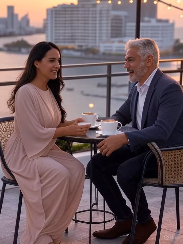 Elegant rooftop terrace overlooking Cartagena bay at sunset, sophisticated young Latin American woma