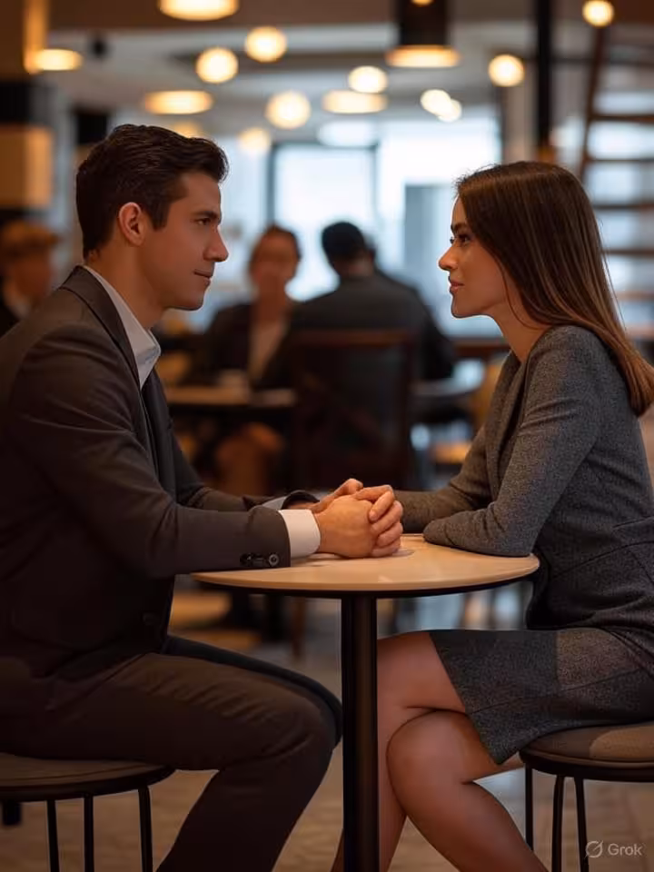 elegant couple having discreet coffee meeting in upscale Latin American café, modern interior design