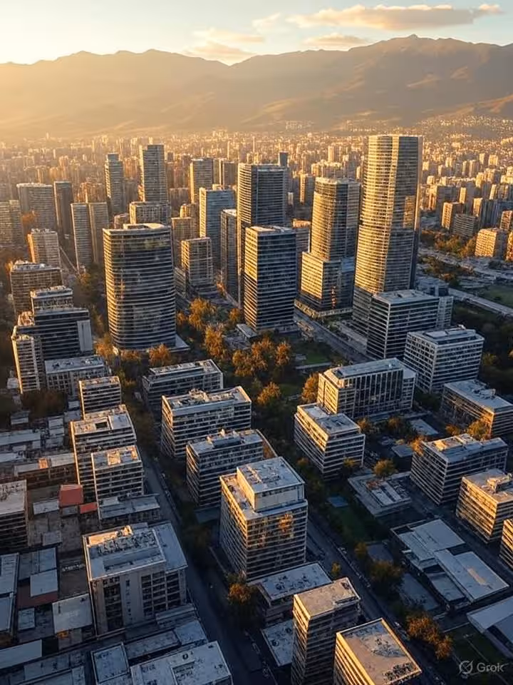 Aerial panoramic view of Santiago de Chile cityscape with Andes mountains in background, modern skys
