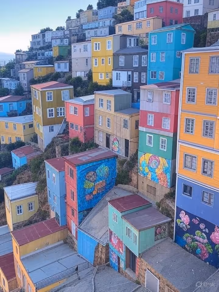 Casas coloridas en los cerros de Valparaíso con arte urbano y murales