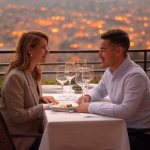 Cómo vestirte para tu primera cita sugar en Latinoamérica elegant couple having dinner at upscale Latin American restaurant terrace, Bogota mountain sunset ba