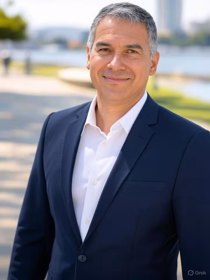 Elegant mature Latin American businessman in his 50s standing near modern waterfront park, professio