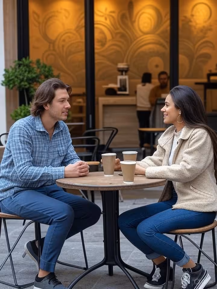 Bohemian coffee shop in La Floresta neighborhood Quito, outdoor terrace seating, modern rustic inter