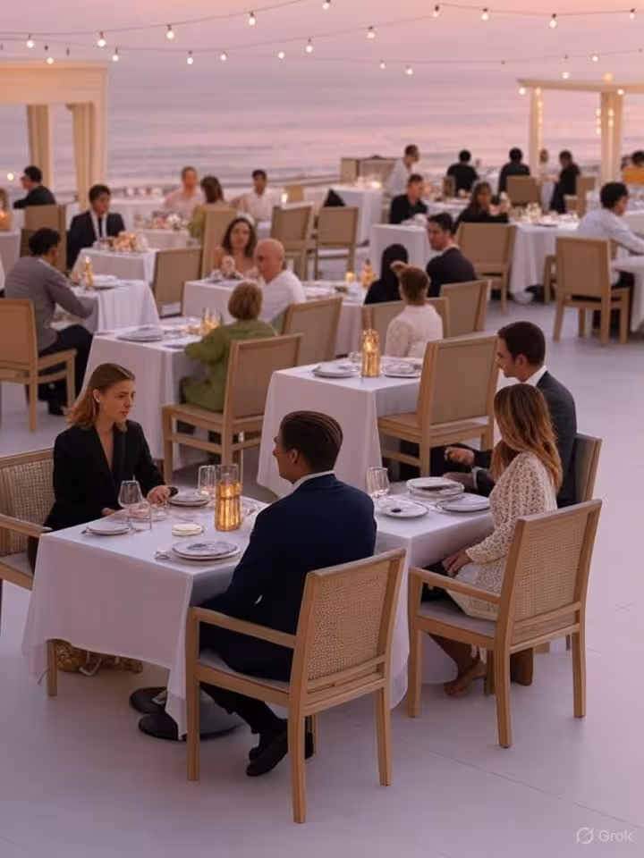 Elegant upscale outdoor restaurant terrace overlooking ocean at sunset, Lima Peru, sophisticated tab