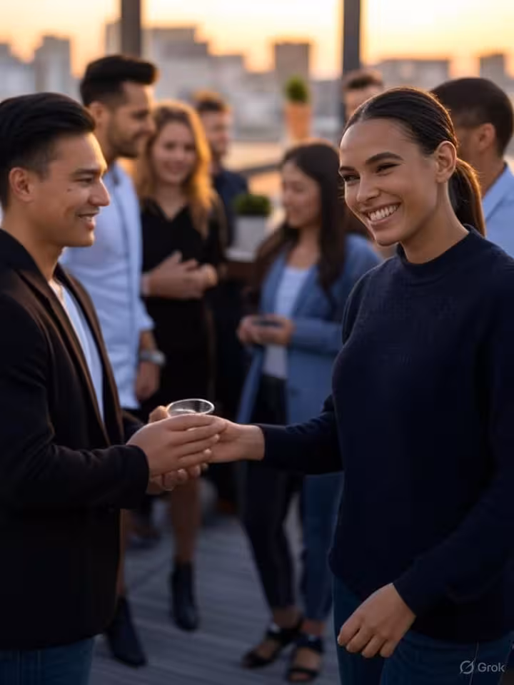 Diverse group of young Latin American professionals networking at upscale rooftop bar, Buenos Aires
