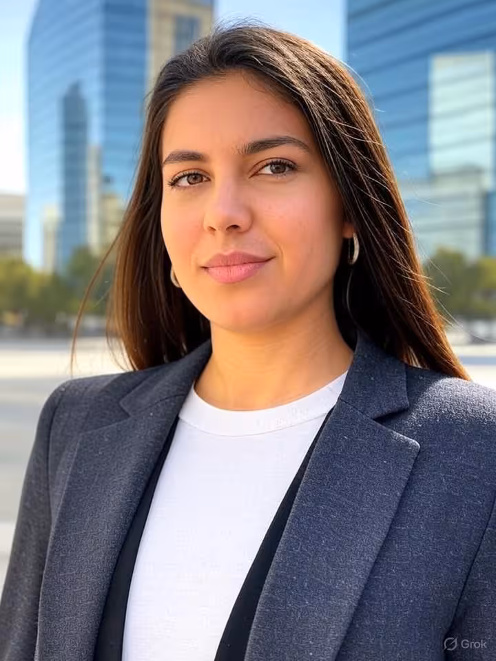 Modern Latin American business district cityscape with glass skyscrapers, young professional woman l