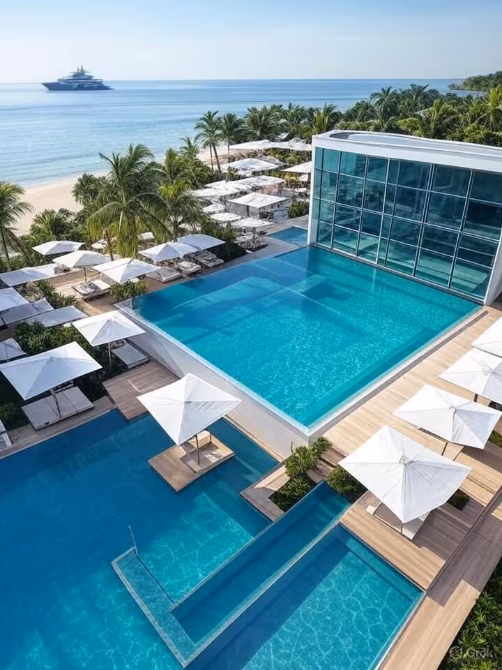 Vista aérea de destino de playa exclusivo en Latinoamérica con piscina infinita