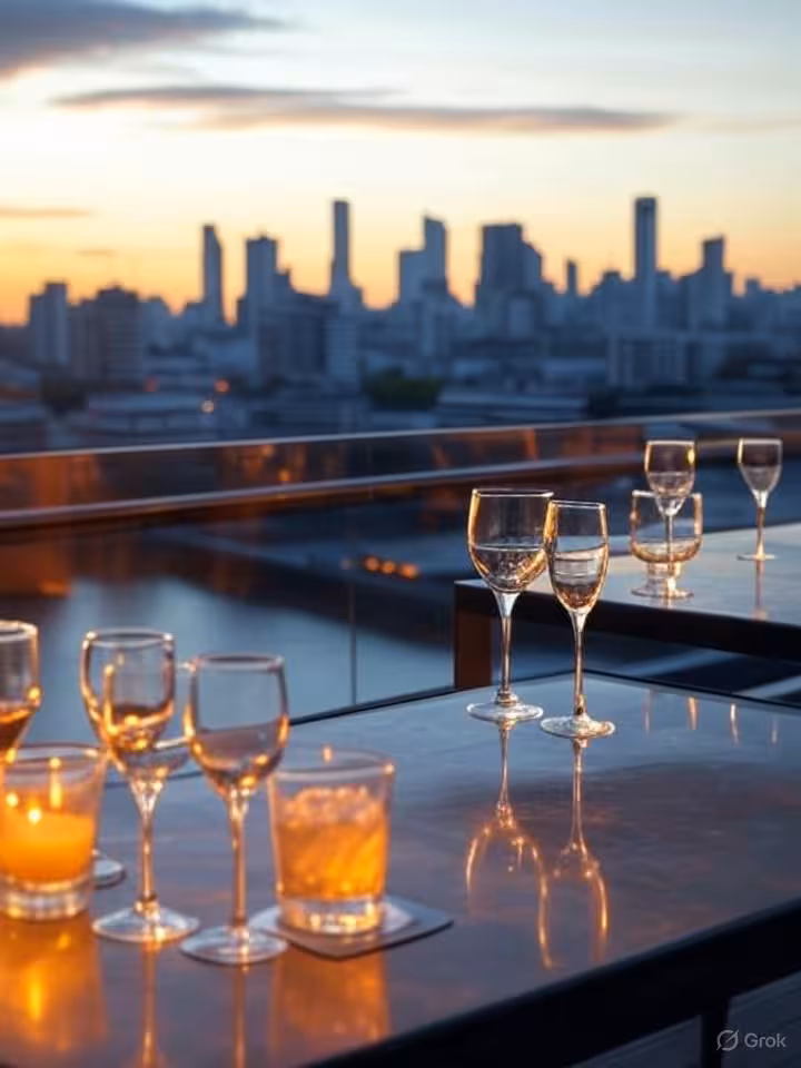 Sophisticated rooftop bar terrace in Puerto Madero Buenos Aires at sunset, panoramic city skyline vi