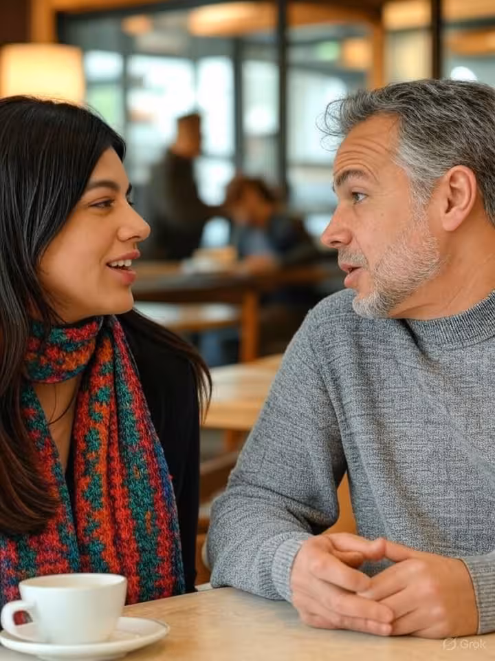 Pareja en conversación animada en café de Buenos Aires