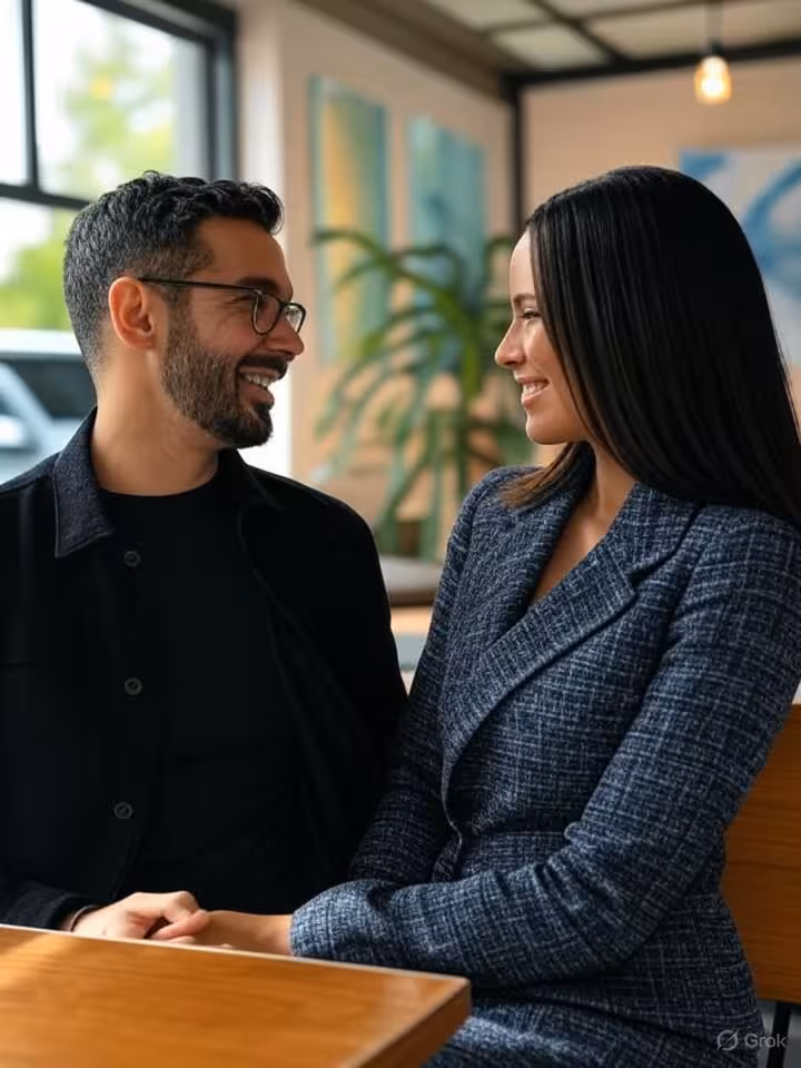 Upscale café in Polanco Mexico City, stylish couple engaged in genuine conversation, contemporary in