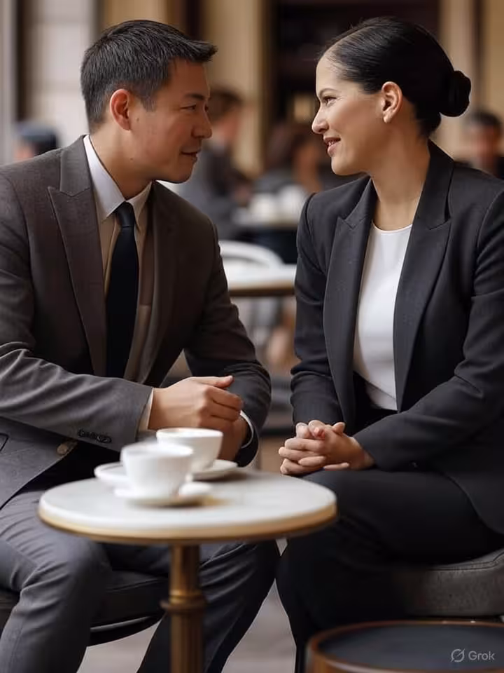 Two elegant people having discrete conversation at upscale Buenos Aires café, soft natural lighting,