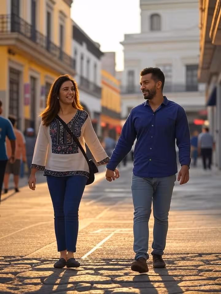 Duas pessoas caminhando juntas em uma rua vibrante de uma cidade latino-americana, com arquitetura moderna misturada com