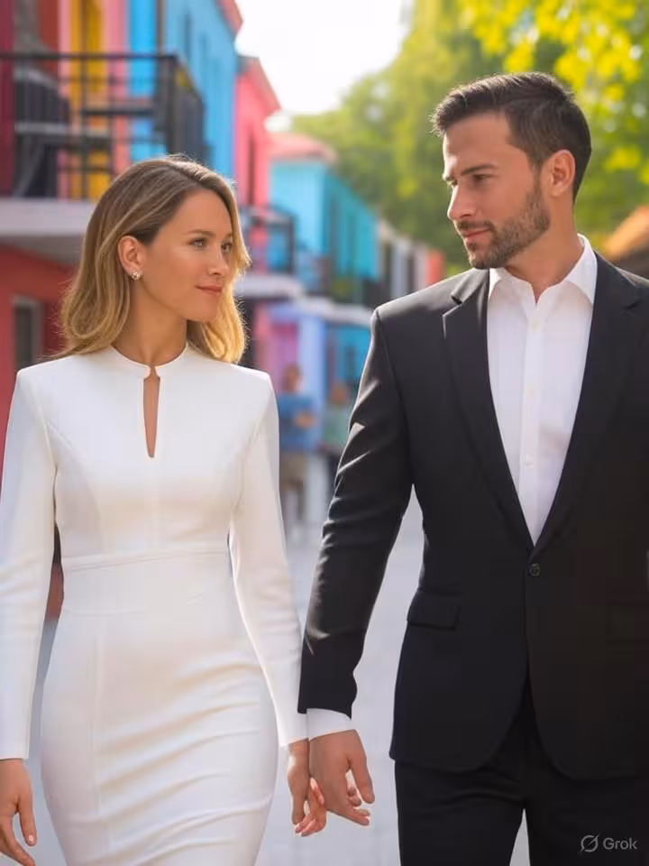 Elegant couple walking through colorful bohemian Lastarria neighborhood in Santiago, art galleries a