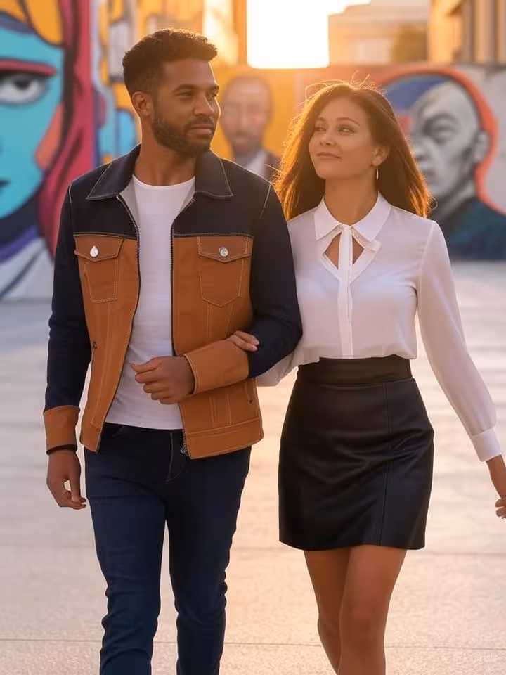 Stylish cosmopolitan couple walking through art district in Buenos Aires Palermo neighborhood, stree