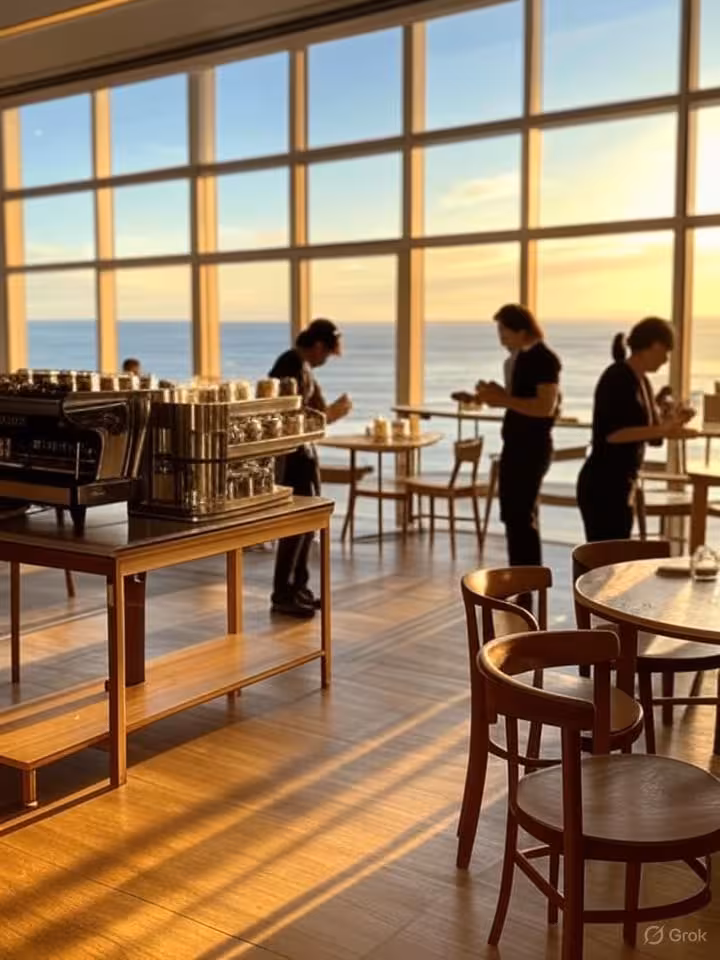 Upscale modern café interior in Chilean coastal city, contemporary design with ocean views through l