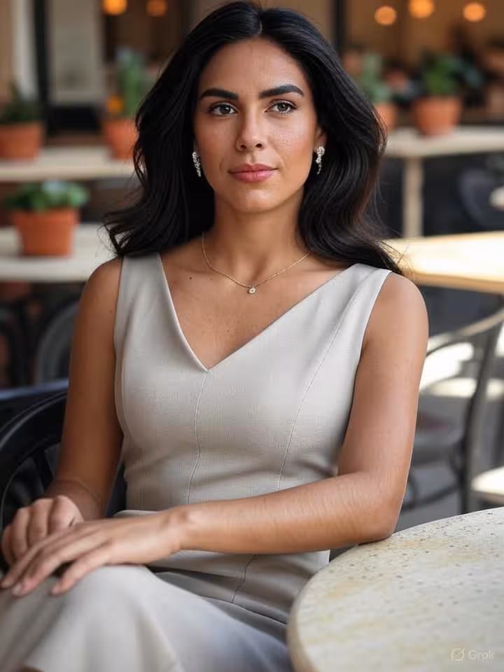 sophisticated Latin American woman in midi dress at Buenos Aires cafe, neutral tones outfit, elegant