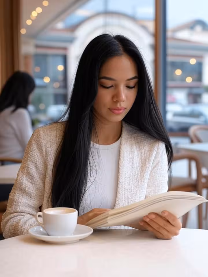Young attractive Latin American woman in elegant casual outfit sitting at upscale café, reading book