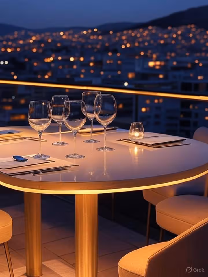 Upscale rooftop bar restaurant in modern Quito, panoramic city mountain views, elegant table setting