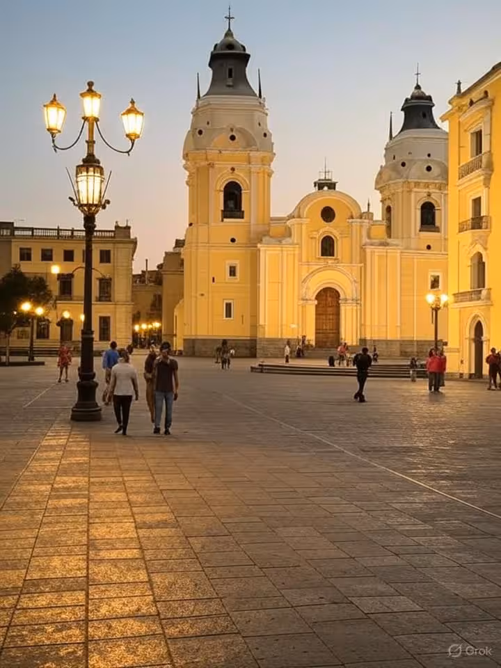 Historic colonial Plaza Mayor in Lima Peru, ornate yellow cathedral, Spanish colonial architecture,