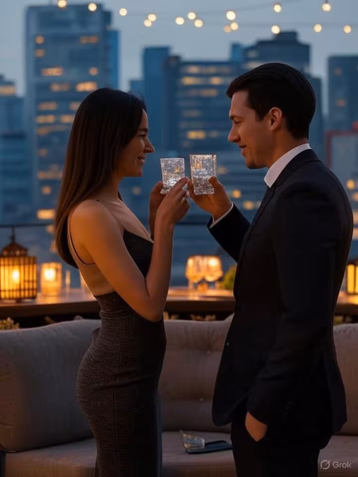 Sophisticated rooftop bar in Mexico City Polanco district at dusk, modern skyline views, elegant cou