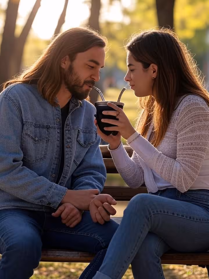 Romantic couple sharing mate drink on park bench, Parque Sarmiento Córdoba, natural setting with tre
