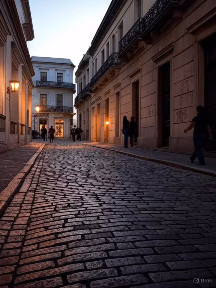 Historic cobblestone streets of Montevideo Ciudad Vieja, colonial architecture, art galleries, peopl
