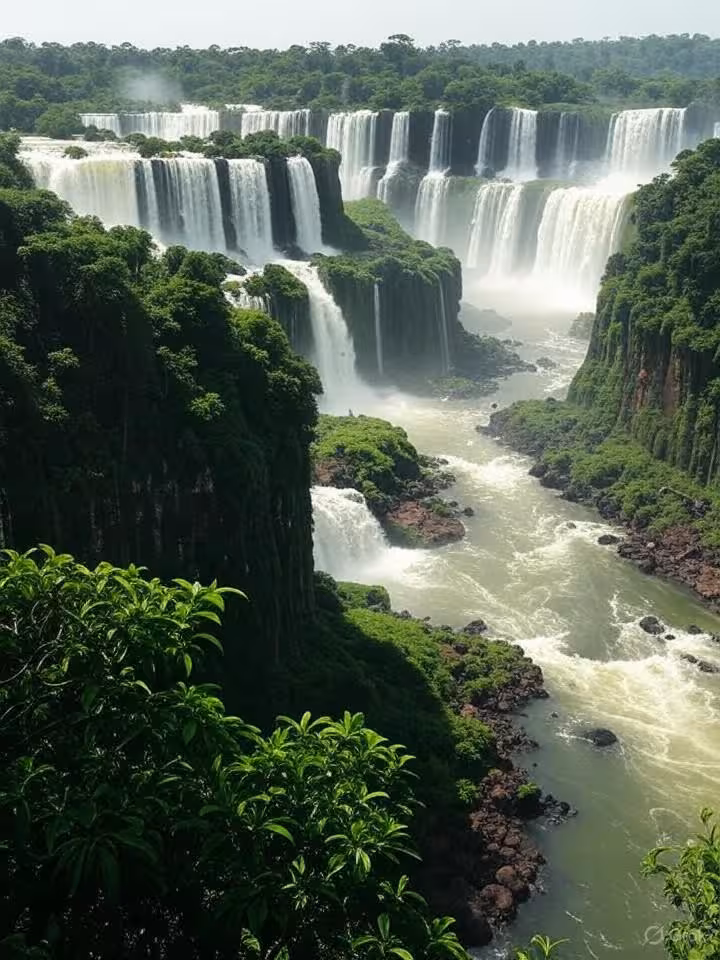 Bela vista panorâmica das Cataratas do Iguaçu com cascatas de água do lado do Paraguai, com uma exuberante floresta tropical verde ao redor
