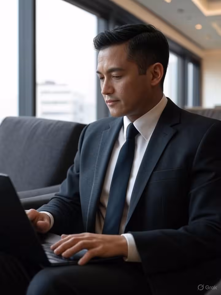 Sophisticated businessman teaching business strategy using laptop in luxury hotel lounge, Latin Amer
