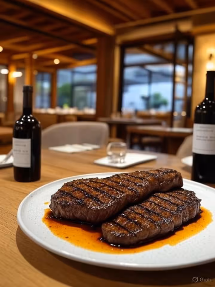 Upscale Argentine parrilla restaurant interior, perfectly grilled asado beef cuts being served, Malb