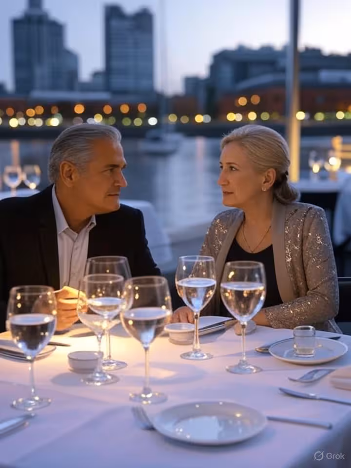 Sophisticated dinner setting in Puerto Madero Buenos Aires, elegant table by waterfront, authentic e