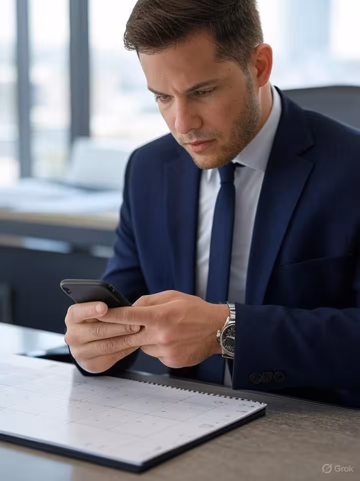 Professional man organizing digital calendar on smartphone with luxury watch visible, modern office