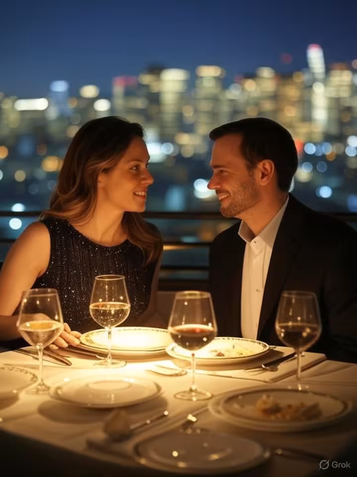 Casal sofisticado desfrutando de um jantar no terraço com as luzes da cidade ao fundo, mesa íntima, wi